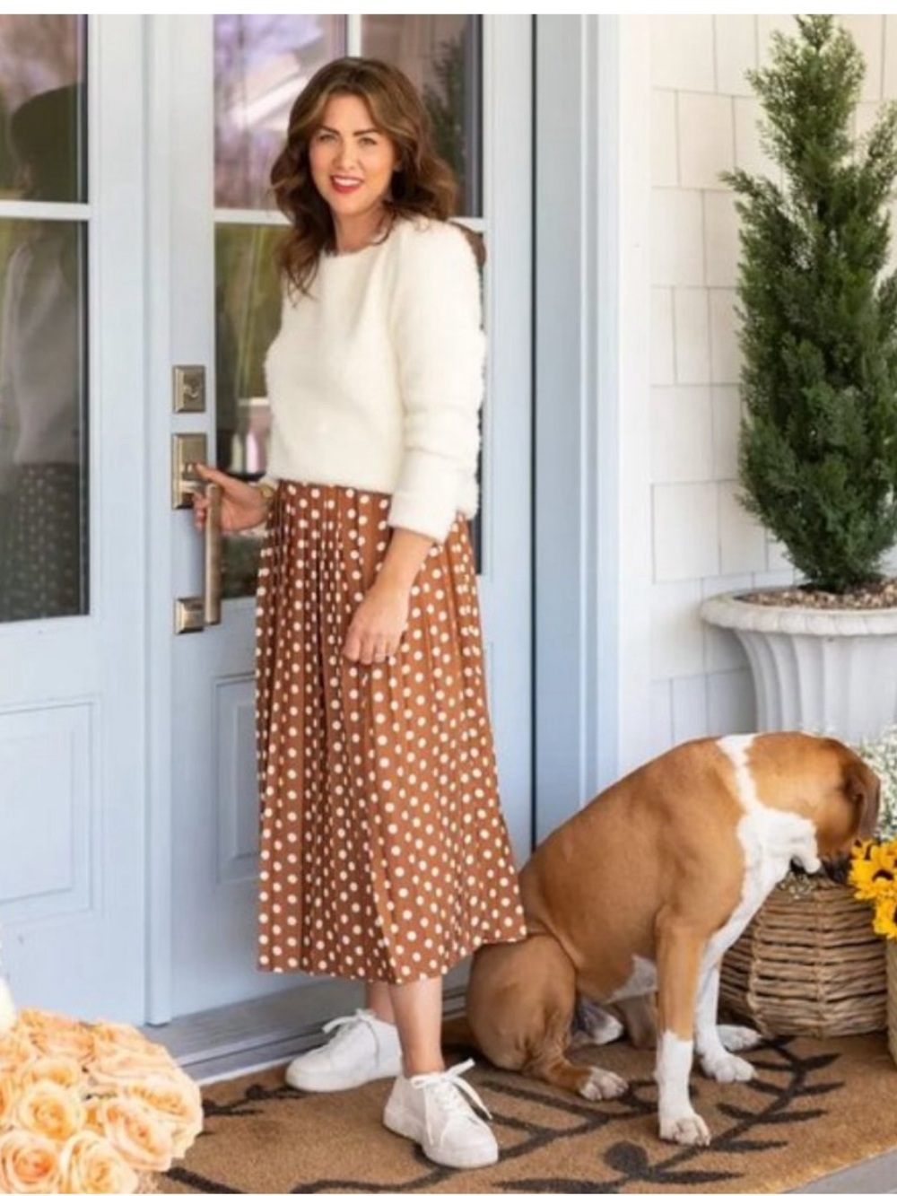 Joe Fresh Rust Orange Polka Dot Midi Skirt with Black Waistband Jillian Harris